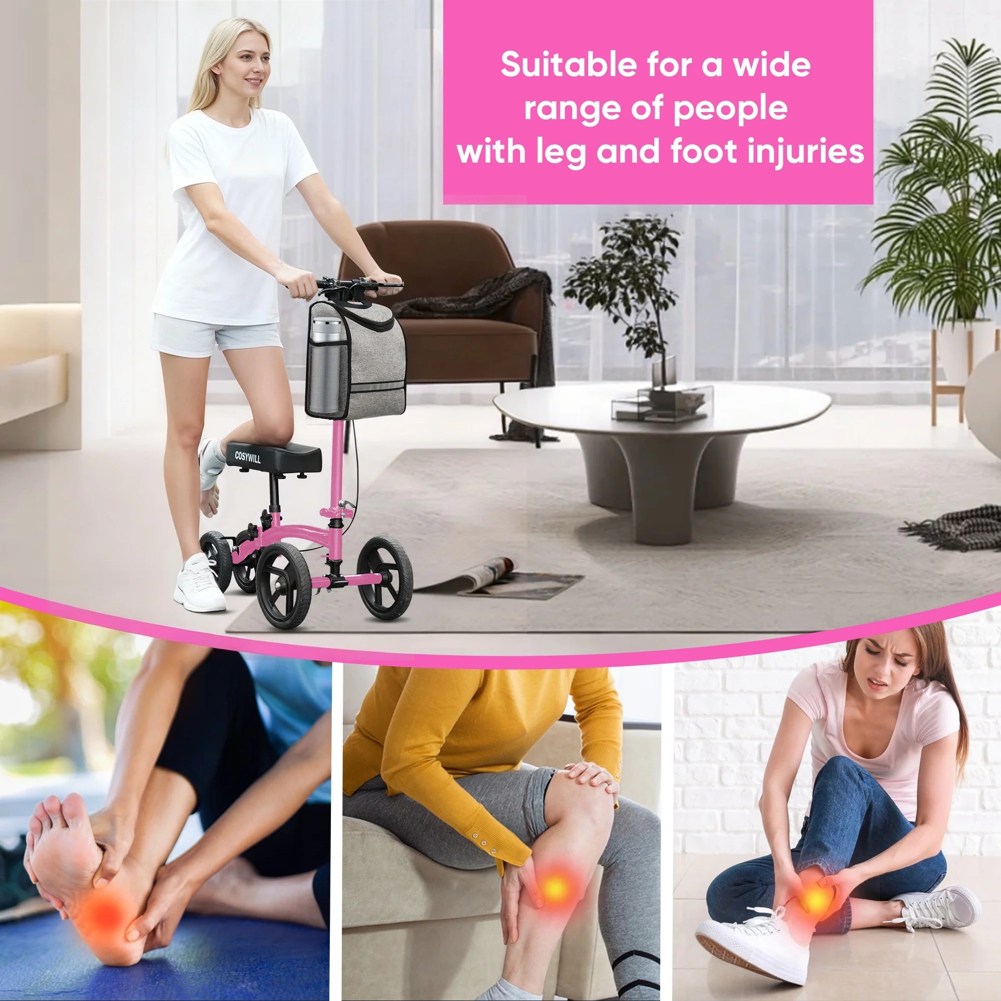 Steerable Knee Scooter,Economy Knee Walker,All Terrain Foldable Medical Scooter for Foot Injuries Crutches Alternative,Pink