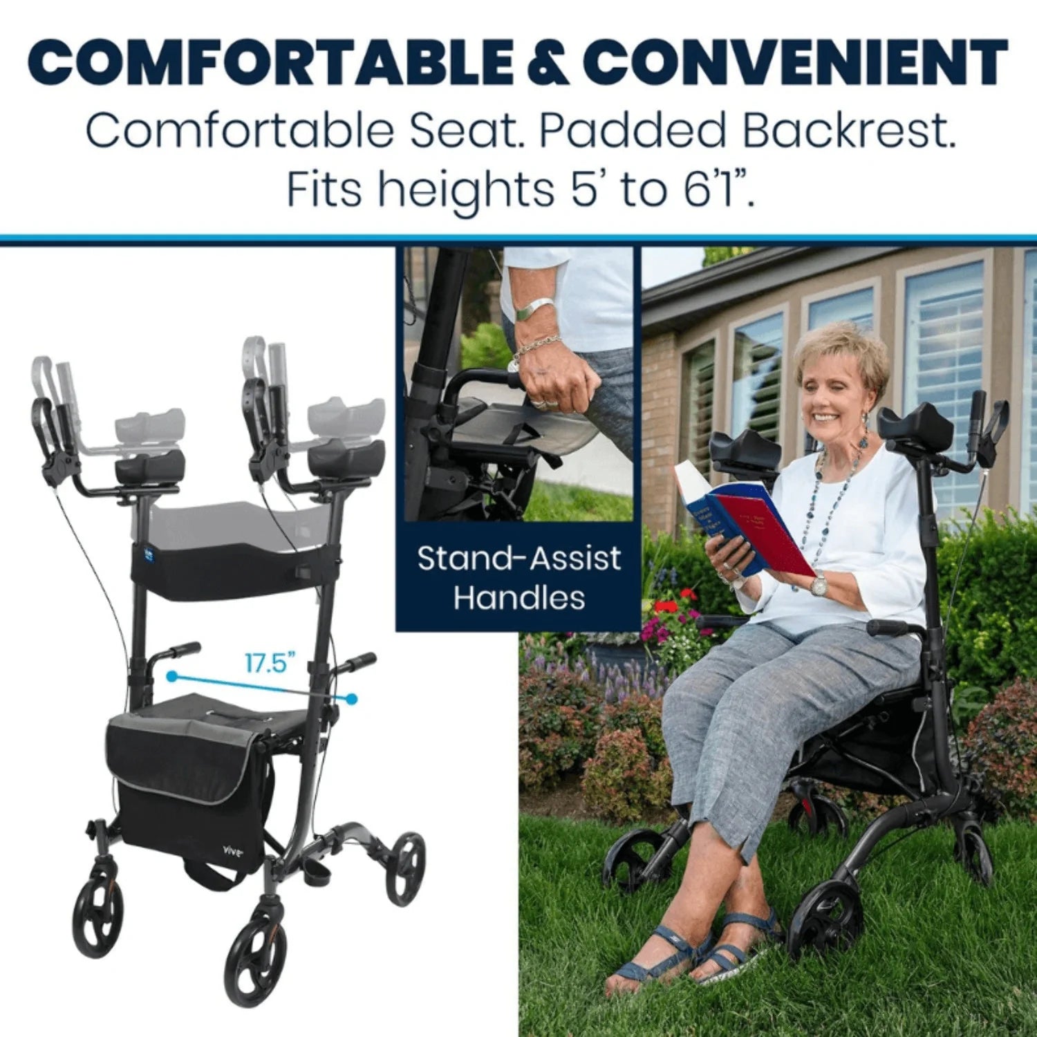 Vive Mobility Upright Walker with Seat for Seniors – Folding Stand up Rollator Walker, Heavy Duty Medical Mobility Aid with Arm Rests for Elderly Women and Men, Red