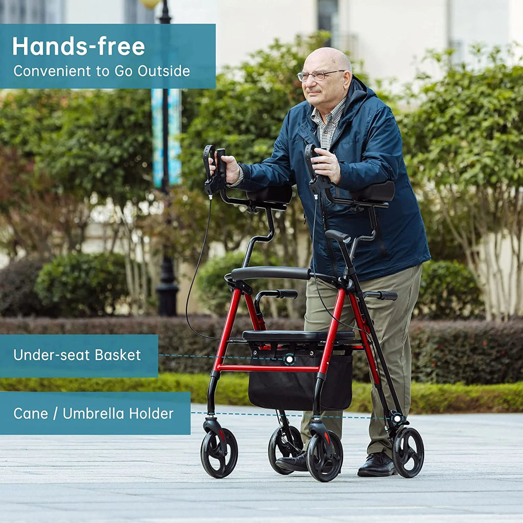 Stand up Folding Rollator Walker, Aluminum Upright Rollator Walker with Sitting Seat and Backrest for Seniors, Red