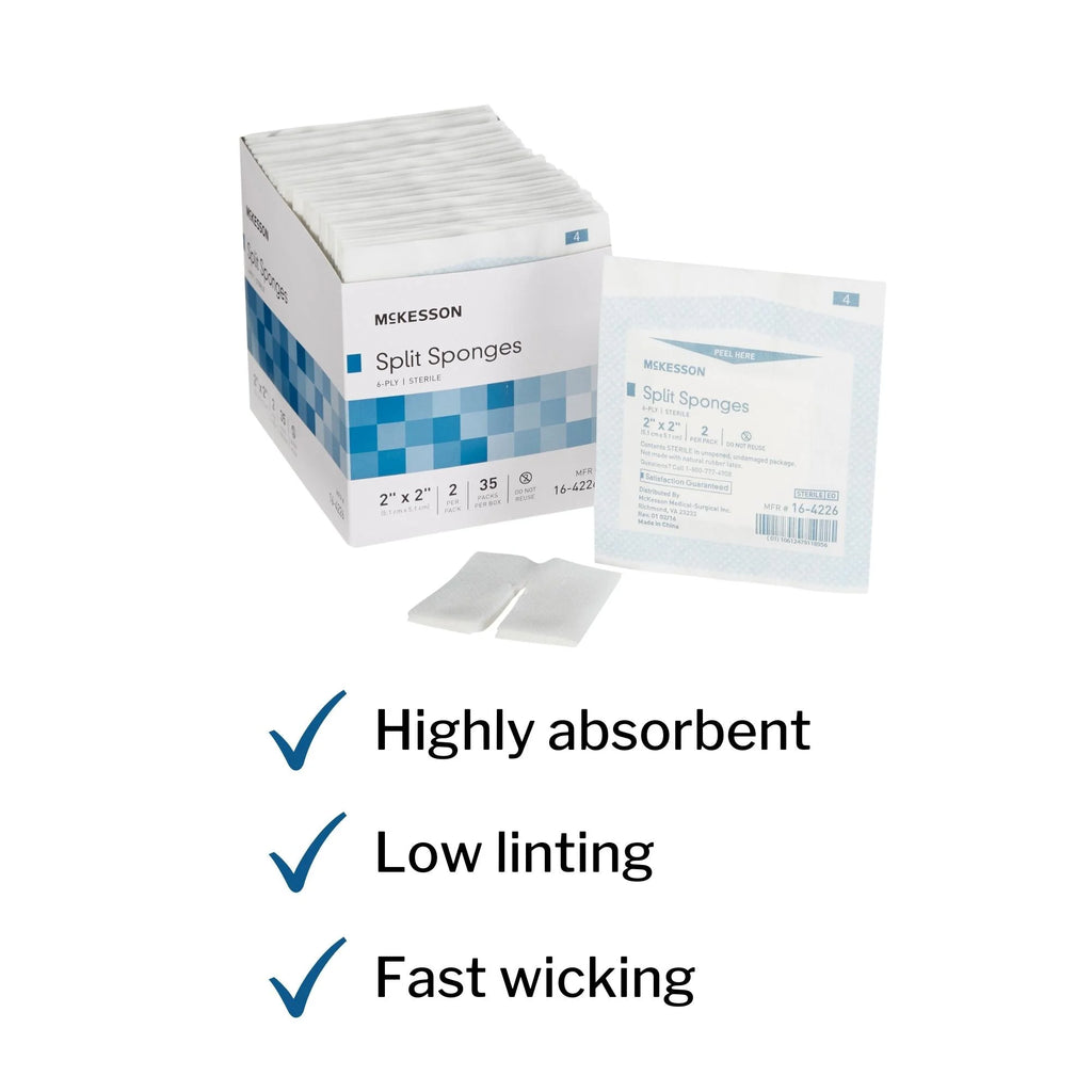 Split Sponges, Sterile, 100% Cotton, I.V. Drain Split Dressing, 6-Ply, 2 In. X 2 In., 2 per Pack, 700 Packs, 1400 Total