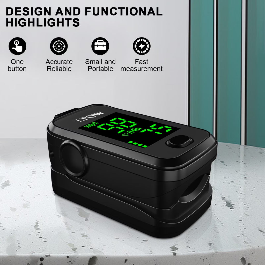 Fingertip Pulse Oximeter, Oxygen Level Pulse Rate, Includes Batteries and Lanyard - Black