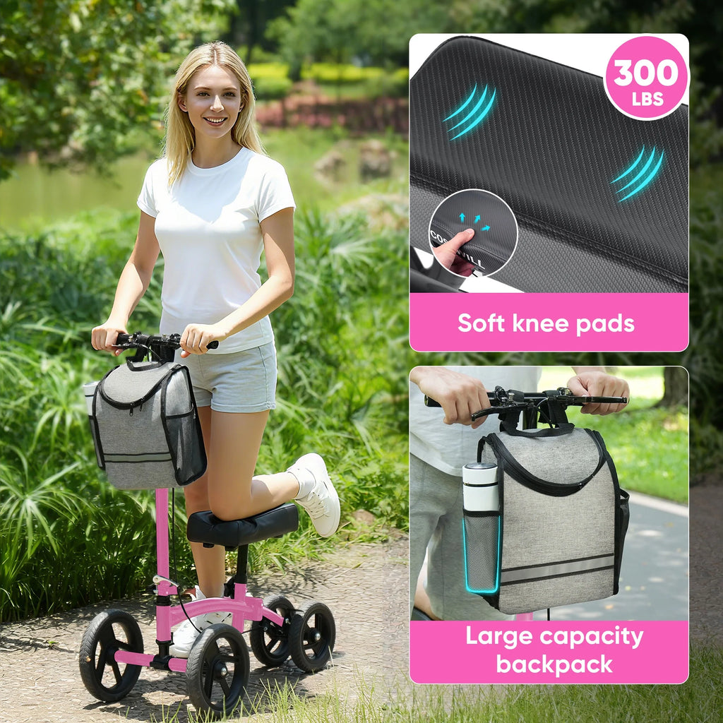 Steerable Knee Scooter,Economy Knee Walker,All Terrain Foldable Medical Scooter for Foot Injuries Crutches Alternative,Pink