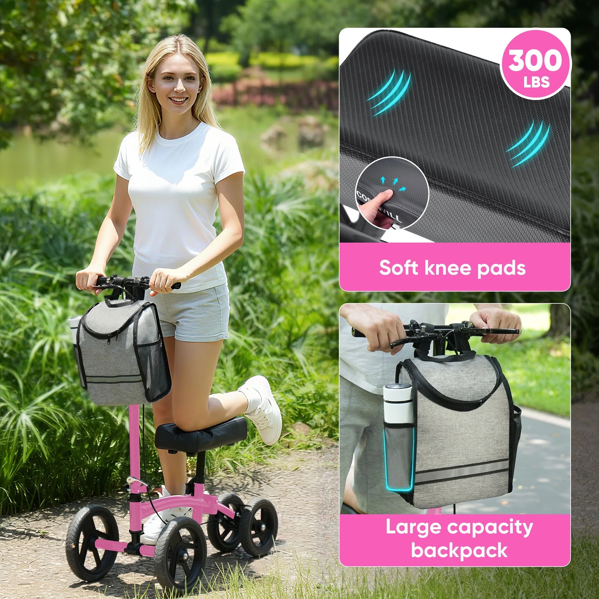 Steerable Knee Scooter,Economy Knee Walker,All Terrain Foldable Medical Scooter for Foot Injuries Crutches Alternative,Pink