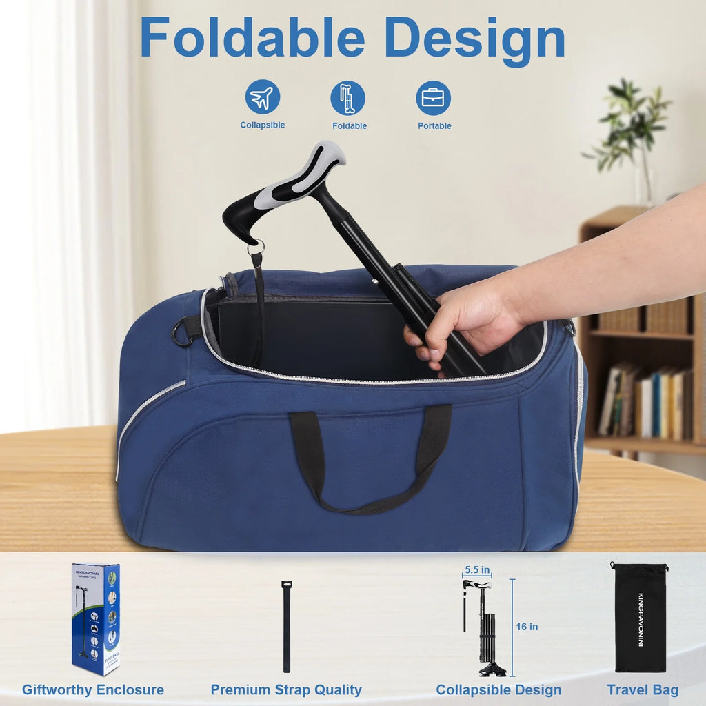 Walking Cane for Men Women Stability, Free Standing Foldable Cane, Ergonomic Handle Pivoting Quad Base, Heavy Duty 350 Lbs, Adjustable Walking Canes for Seniors Balance with Travel Bag