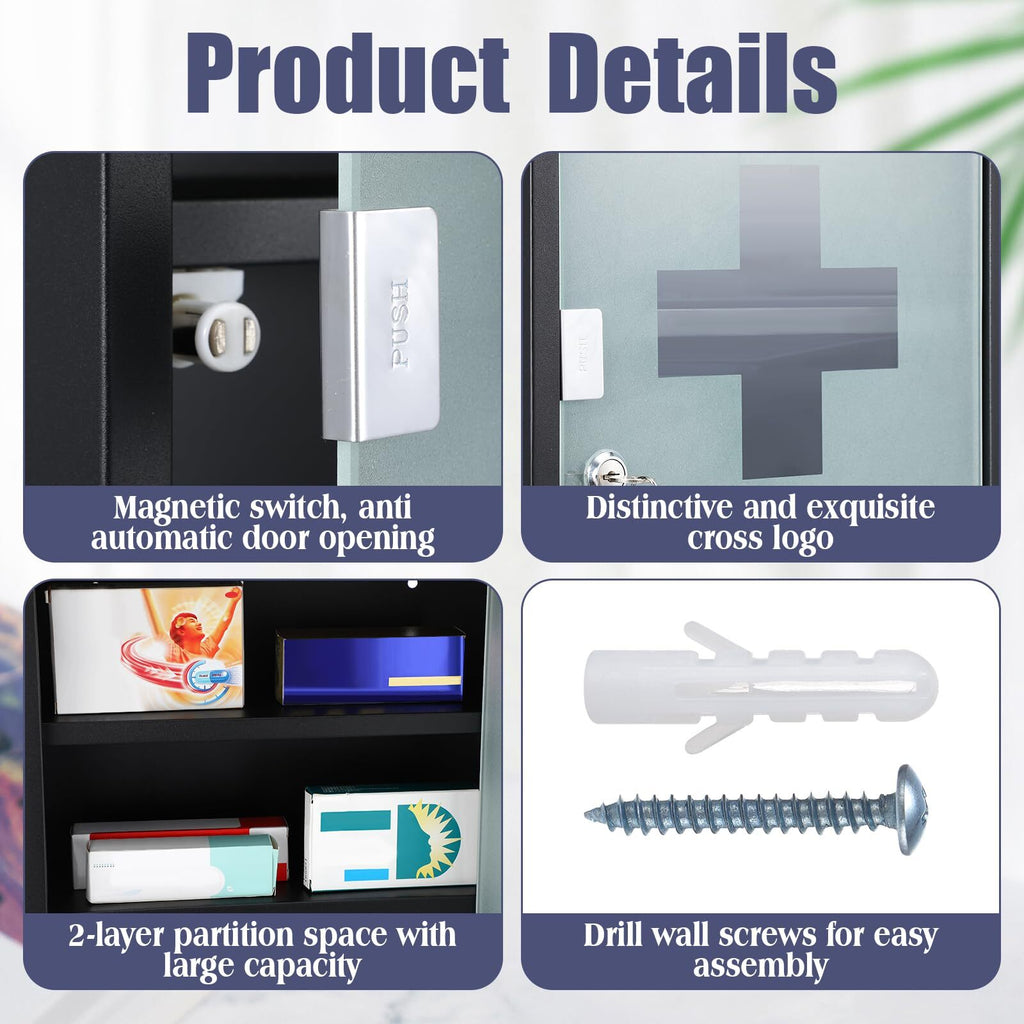 First Aid Wall Cabinet with Lock Medicine Mounted Bathroom Storage Hanging