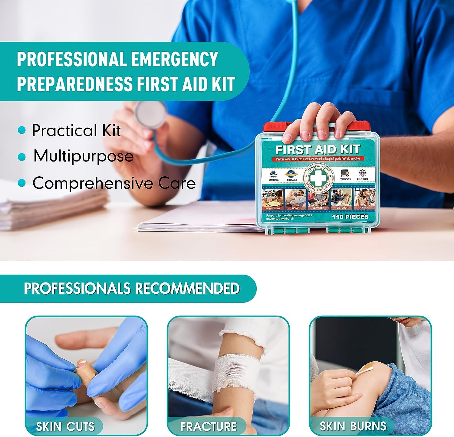 110 Pieces Small First Aid Kit - Hardcase First Aid Box - Contains Premium Medic